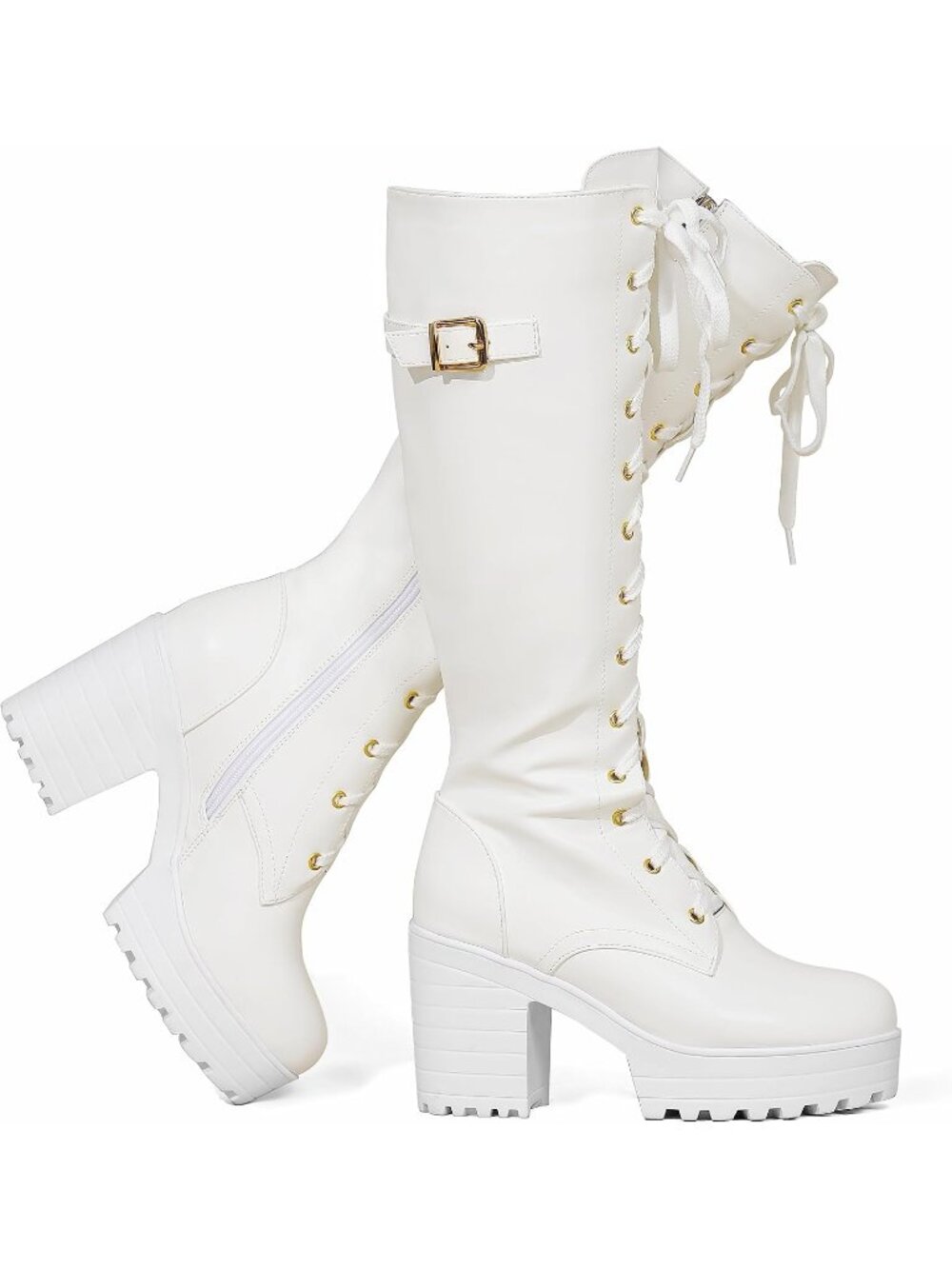 Women's White Manmade Sole Fashion Platform Block Heels Knee High Lace Up Boots